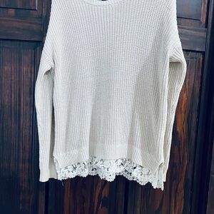 Forever 21 Elegant Cream Sweater‎ with Lace Trim medium